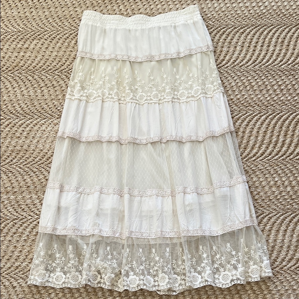 Tantrums Cream Tiered Lace Maxi Skirt Medium